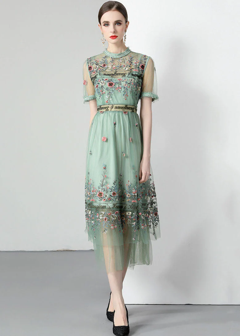 Italian Women's Light Green Ruffle Embroidered Ruched Tulle Dress