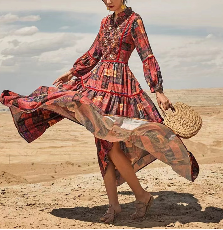 Bohemian V-Neck Printed Beach Long Sleeve Long Dresses
