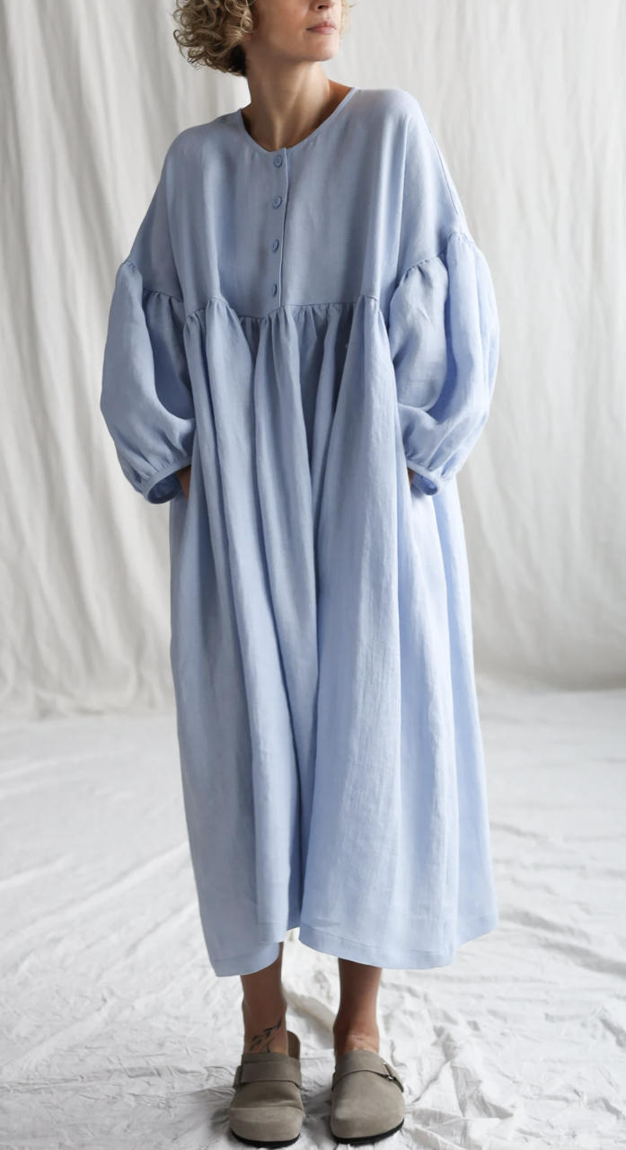 Women's Sky Blue Linen Oversized Wide Sleeve Dress