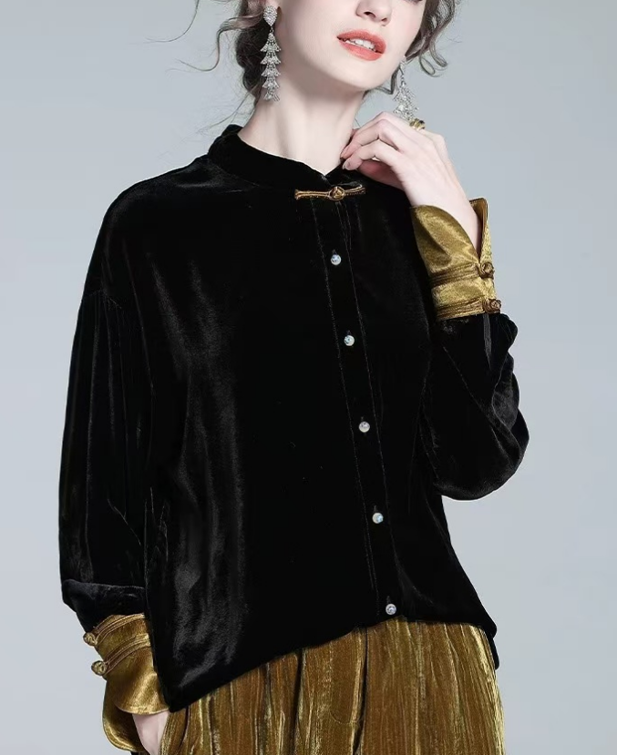 Chinese Style Loose Velvet Patchwork Long Sleeve Top