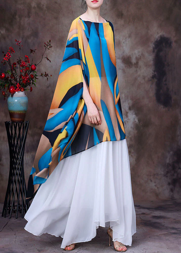 Blue Asymmetric Design Printed Chiffon Top Bat Sleeve