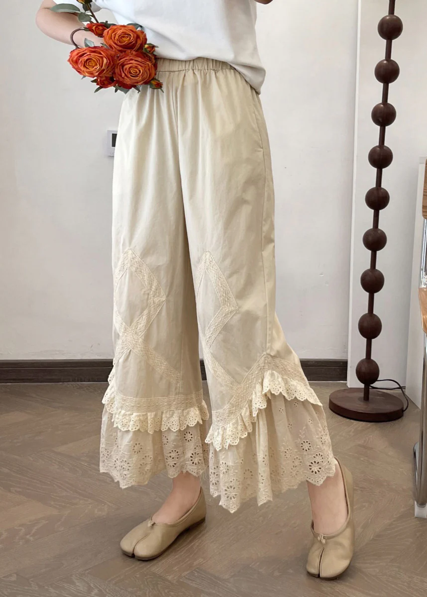 New Apricot Lace Patchwork Wide Leg Pants