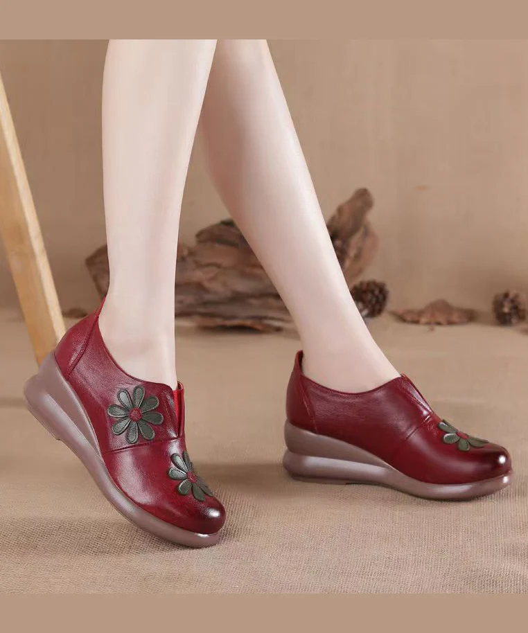 Women's Brown Cowhide Slope Heeled Shoes Patchwork Floral