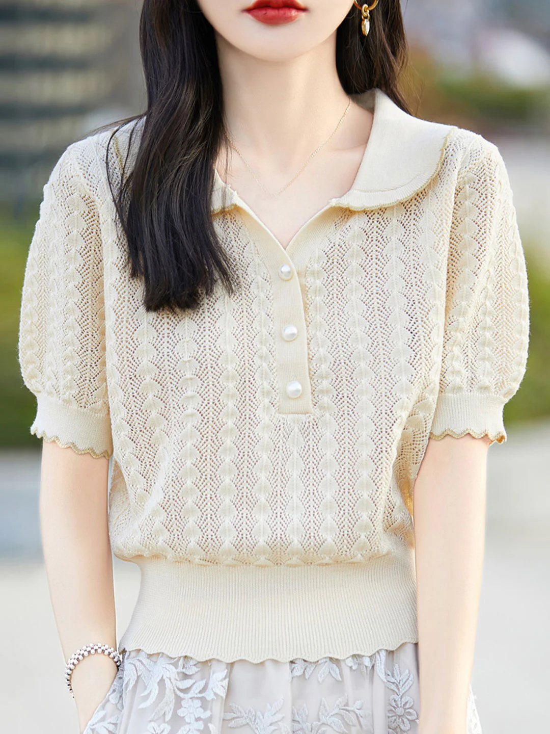 Elegant Lapel Skeleton Knit Short Sleeve Shirt Top