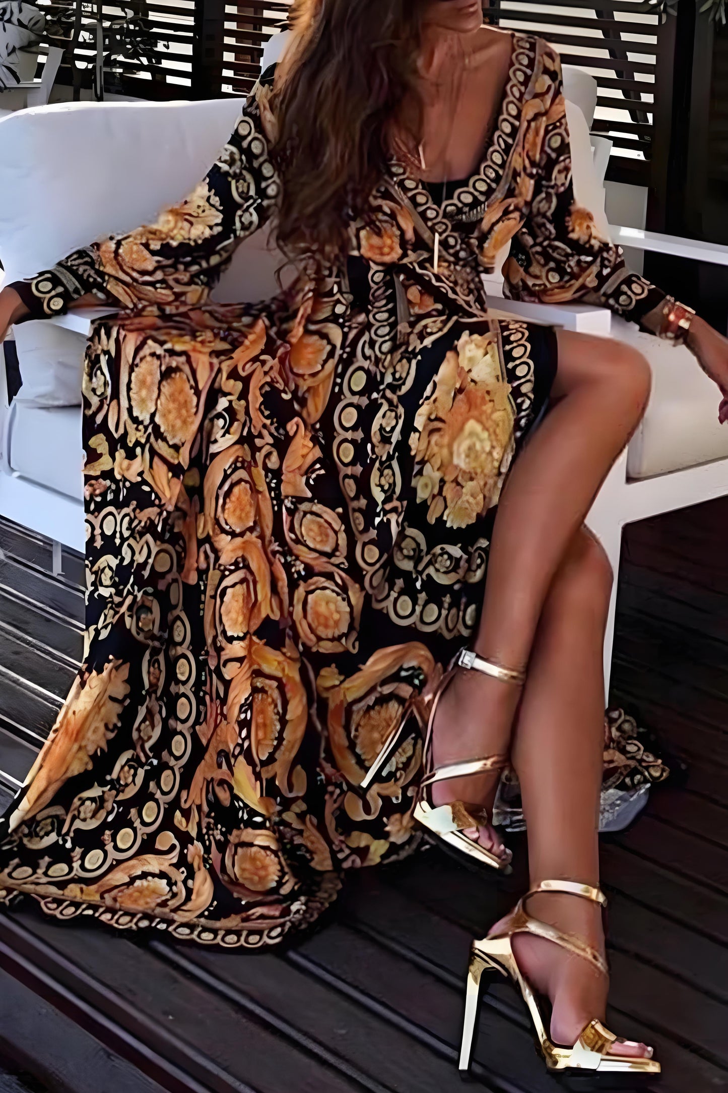 Women's Bohemian Vintage Print Lace Up V-Neck Printed Dress