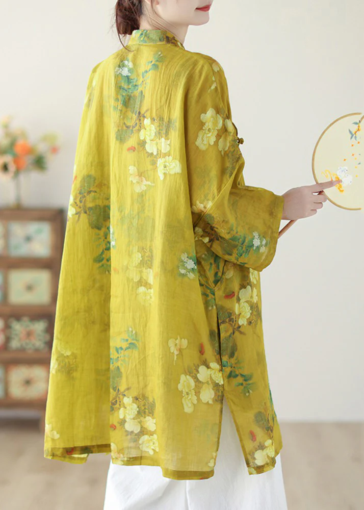 Loose Standing Collar Printed Button Linen Long Sleeve Long Shirt