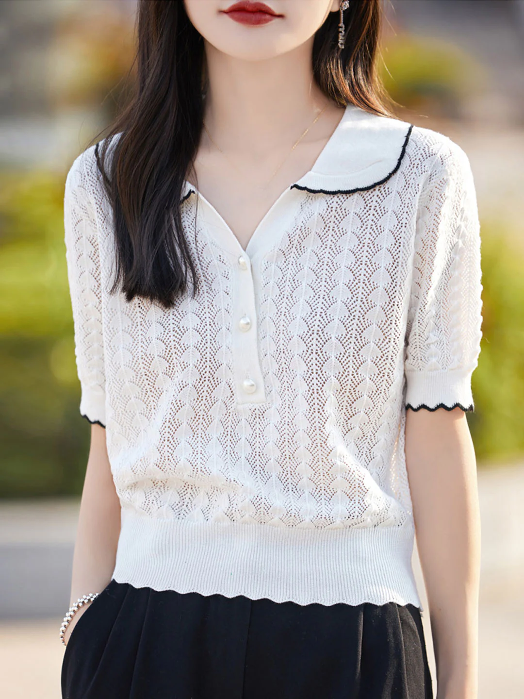 Elegant Lapel Skeleton Knit Short Sleeve Shirt Top
