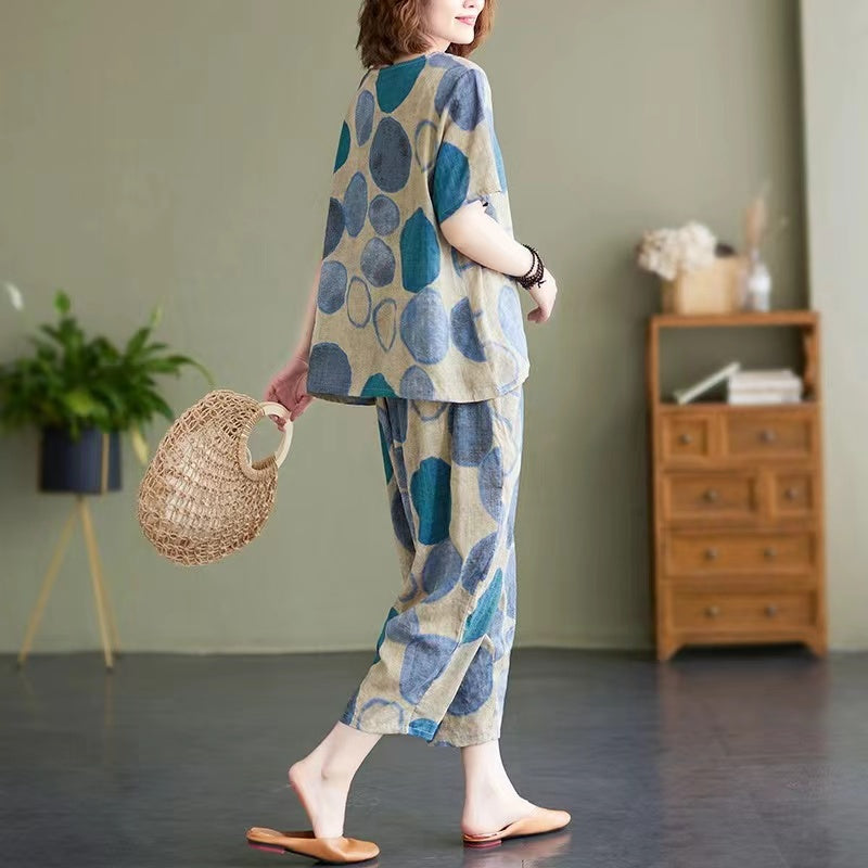 Women's Short Sleeve O Neck Printed Linen Two Piece Set