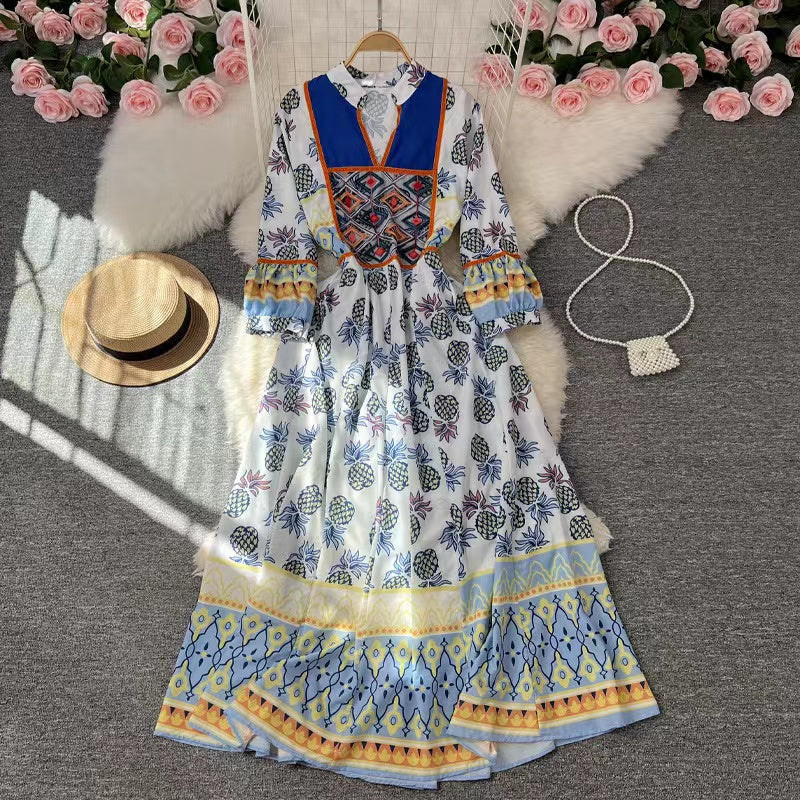 Bohemian V-Neck Printed Beach Hem Long Sleeve Dress