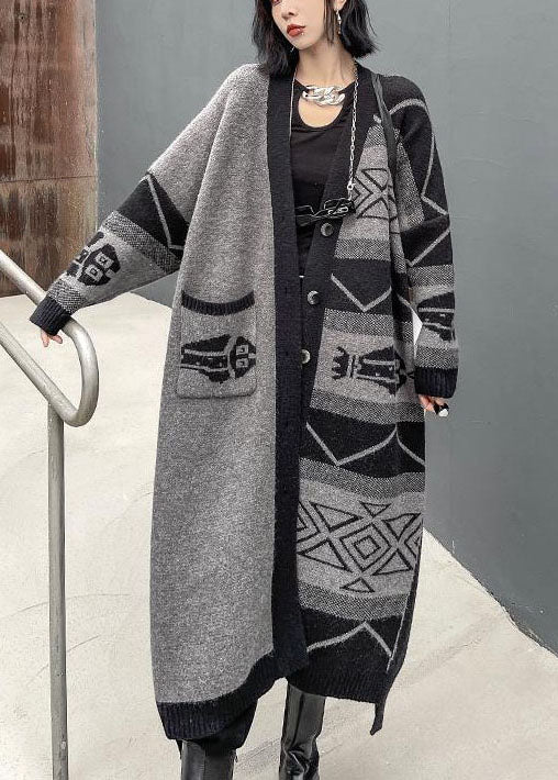 Women's Gray V Neck Asymmetric Design Printed Knit Long Jacket Long Sleeve Spring