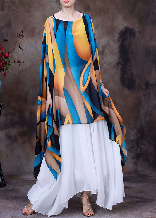 Blue Asymmetric Design Printed Chiffon Top Bat Sleeve