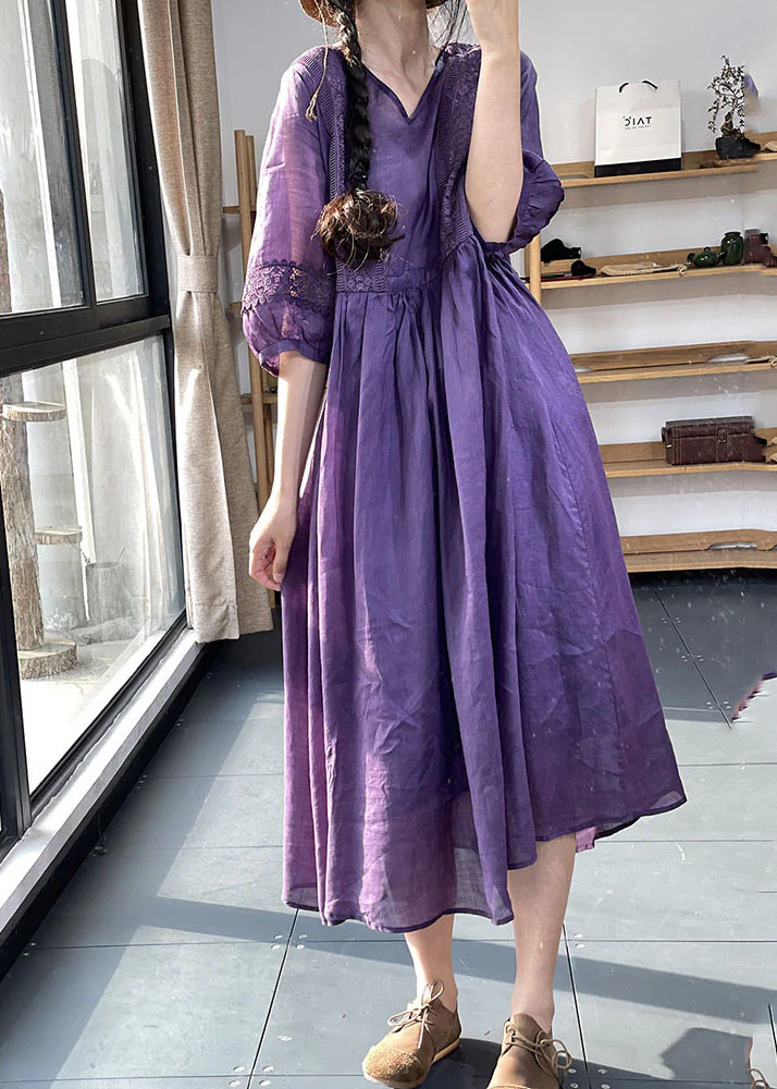 Women's Purple V Neck Waist Lace Patchwork Oversized Hem Cotton Dress Spring Summer