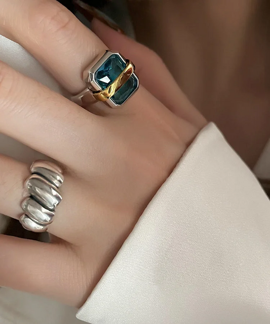 Women's Matching Sterling Silver Square Gemstone and Crinkle Two-Piece Ring Set