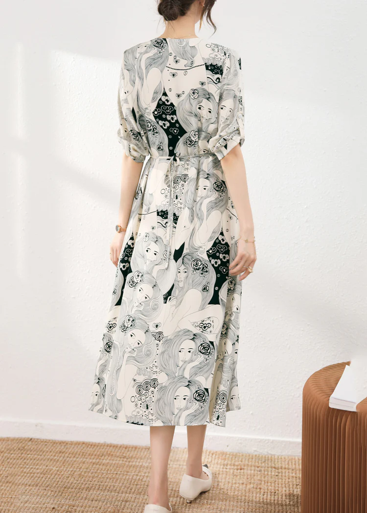 Elegant V-Neck Printed Waist Tie Chiffon Long Dress