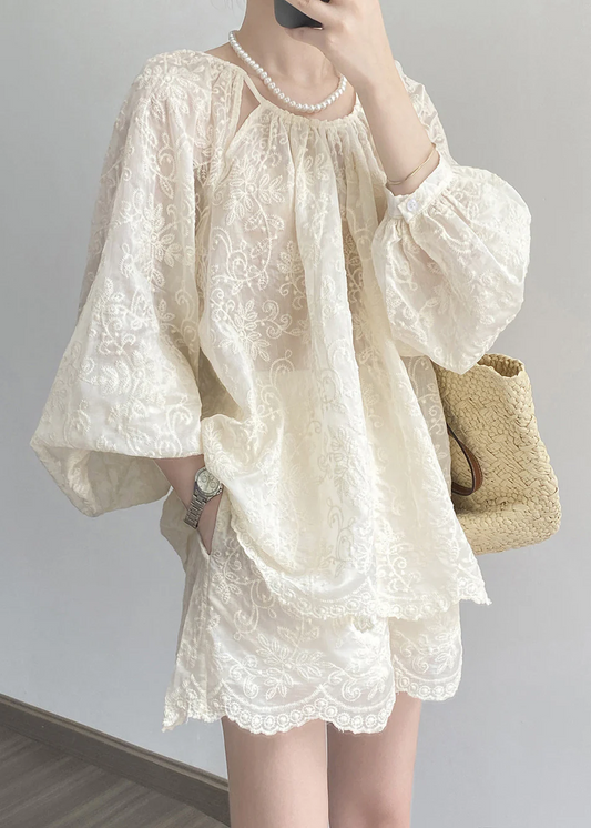 Women's Original Beige Embroidered Top and Shorts Cotton Two-Piece Set