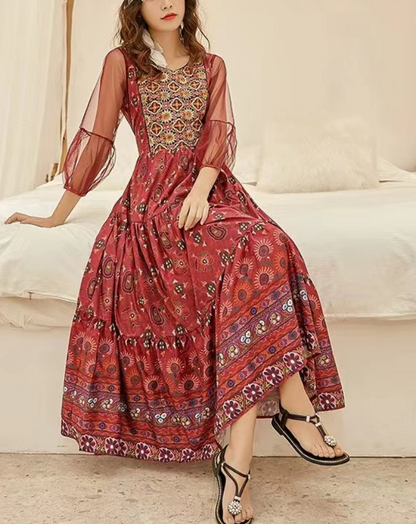 Bohemian Round Neck Patchwork Embroidered Printed Dress
