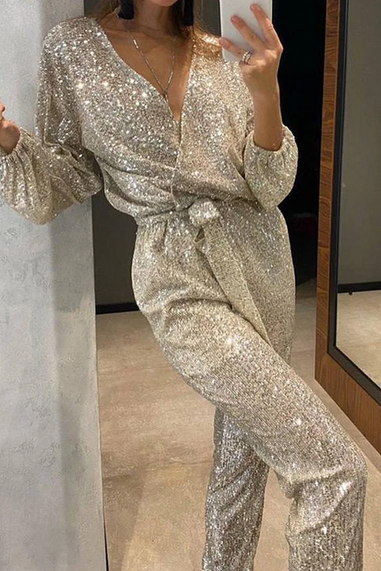 Women's Bandage Sequin V-Neck Regular Jumpsuit