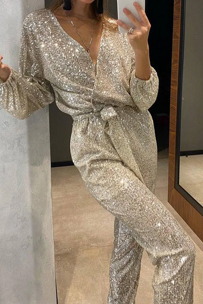 Women's Bandage Sequin V-Neck Regular Jumpsuit