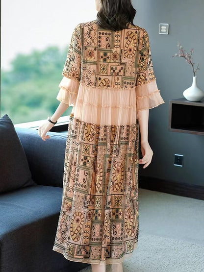 Elegant Tie Patchwork Printed Ruffle Short Sleeve Dress