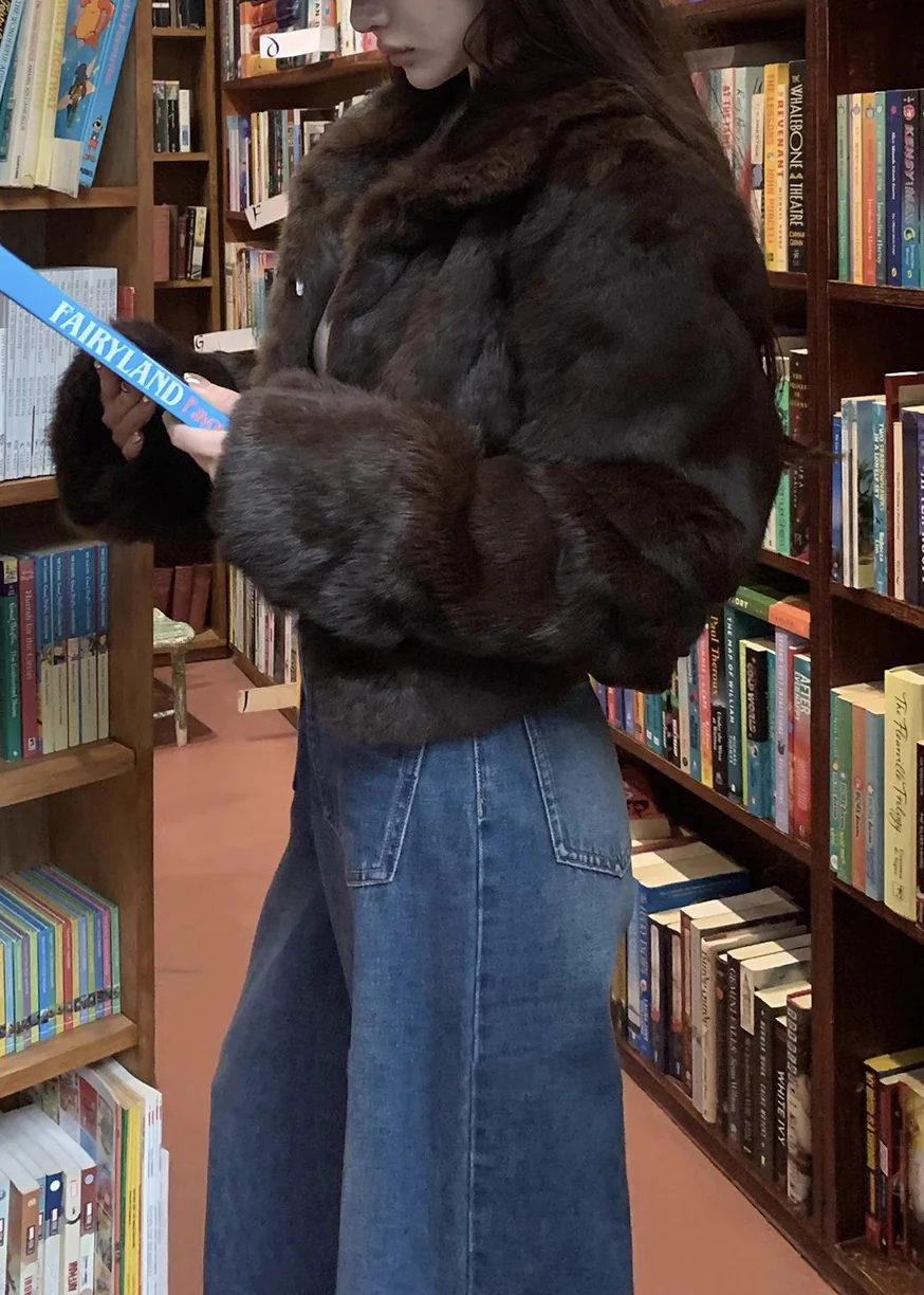 Women's Coffee Peter Pan Collar Fur Jacket Spring