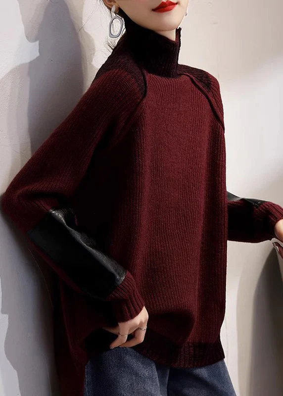 Italian Coffee Turtleneck Patchwork Knit Sweater Top