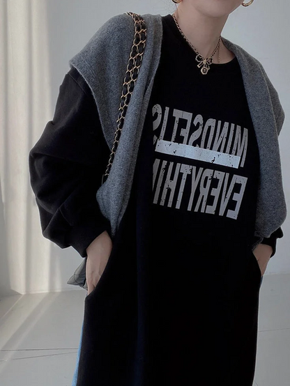 Women's Big Size Fashion Letter Printed Denim Patchwork Long Sleeve Sweatshirt Dress Spring