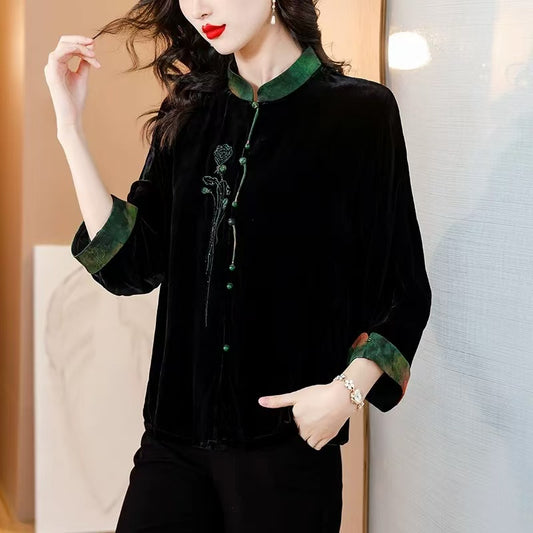 Chinese Style Loose Gold Velvet Patchwork Top