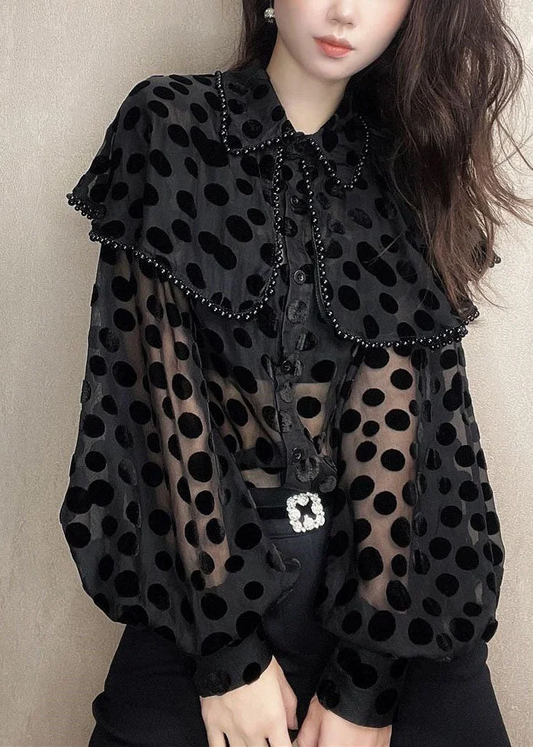 Women's Polka Dot Black Peter Pan Collar Beaded Patchwork Velvet Shirt