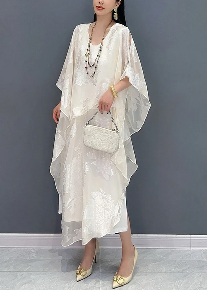 Women's Loose Jacquard White Round Neck Silk Long Dresses