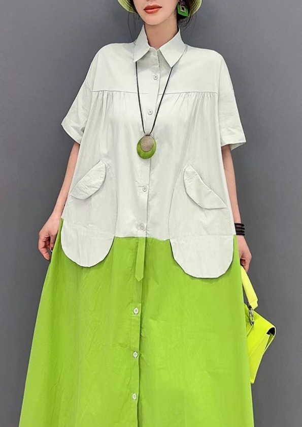 Fashion Big Patchwork Pocket Cotton Short Sleeve Shirt Dress