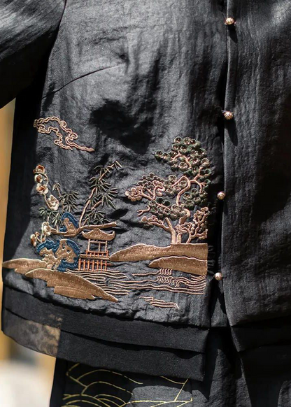Vintage Standing Neck Embroidered Patchwork Silk Half Sleeve Top