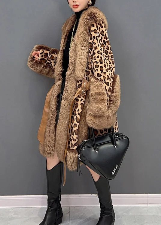 Leopard Fur Collar Printed Patchwork Tie Waist Mink Leather Fur Thick Jacket