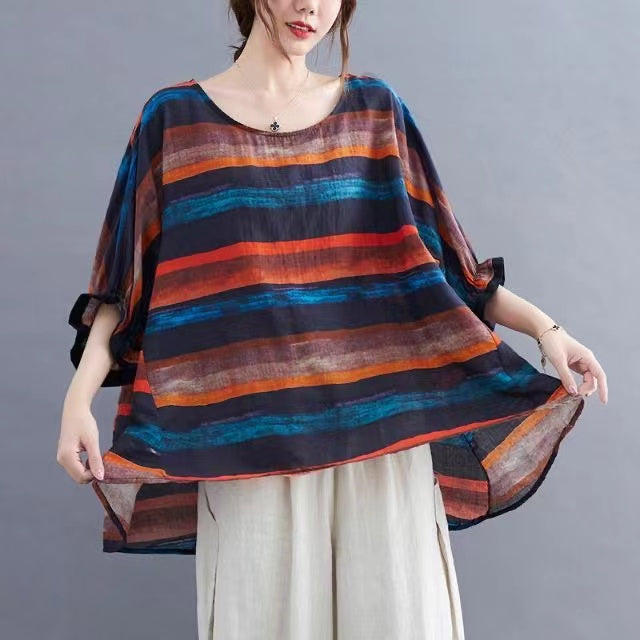 Colorblocked Striped Cotton Linen Crew Neck Batwing Sleeve T Shirt Top