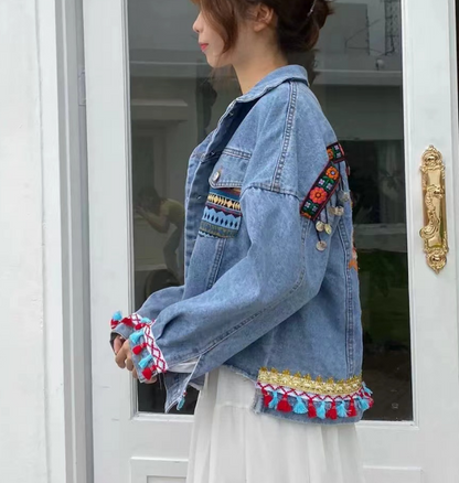 Loose Floral Embroidery Beaded Fringe Denim Jacket