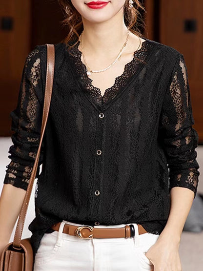 Lace V-Neck Cutout Patchwork Long Sleeve Top