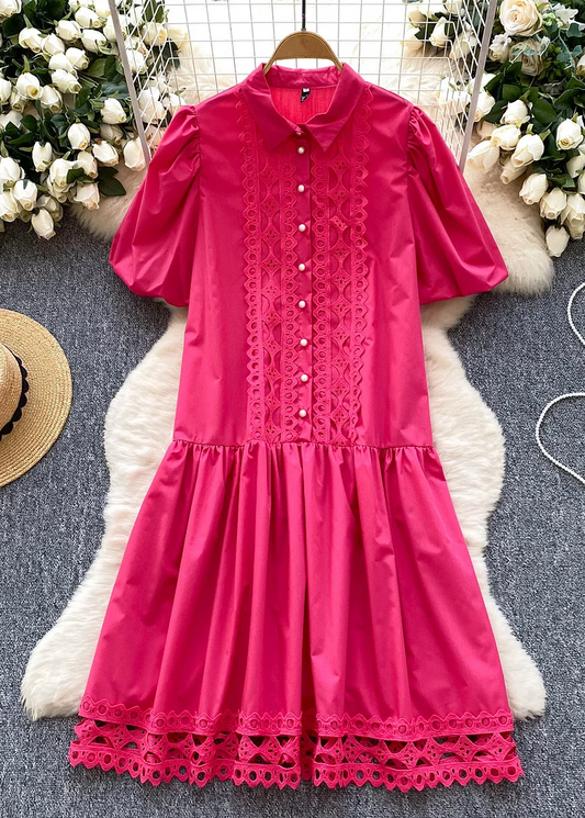 Women's Holiday Party Rose Patchwork Lace Shirtdress