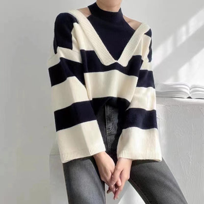 Neckless Shoulder Clashing Stripe Knit Sweater