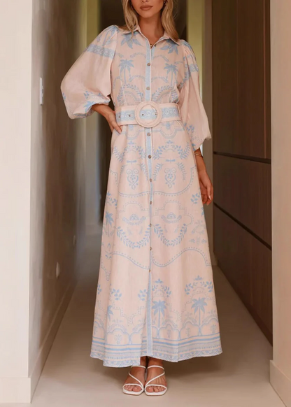 Blue Printed Lantern Sleeve Long Dress
