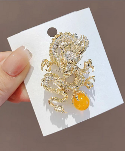 Chinese Style Alloy Zirconia Golden Dragon Brooch Versatile