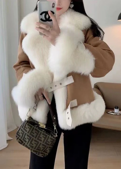 Women's Beige Hair Collar Patchwork Coat Winter