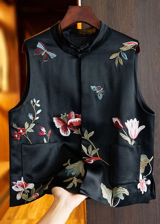 Black Original Embroidered Patchwork Silk Vest Sleeveless