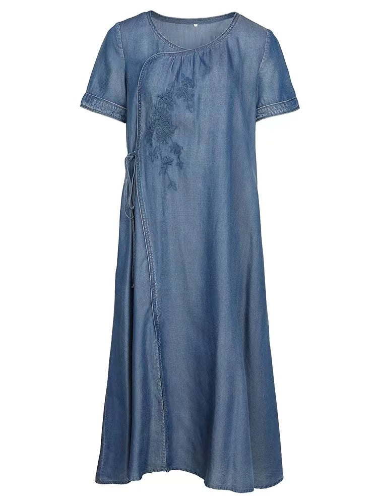 Vintage Asymmetrical Tie Embroidered Short Sleeve Denim Dress