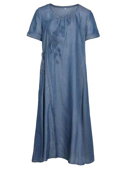 Vintage Asymmetrical Tie Embroidered Short Sleeve Denim Dress