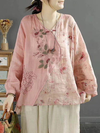 Fashion Embroidery Asymmetric Patchwork Cotton Long Sleeve Shirt Top