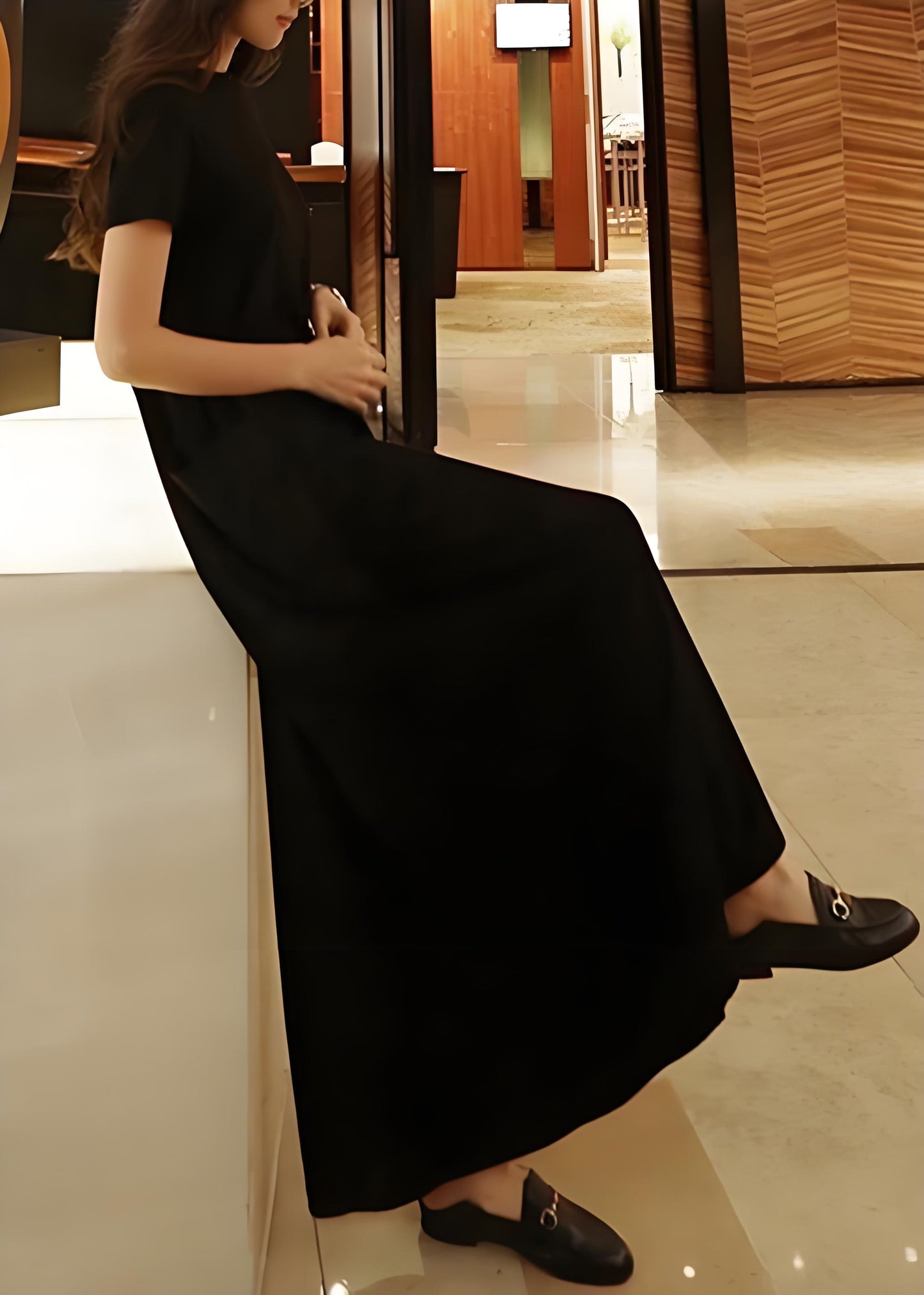 Casual O Neck Pocket Cotton Tunic Black Dress