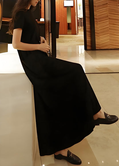 Casual O Neck Pocket Cotton Tunic Black Dress