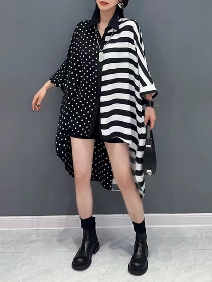 Black And White Patchwork Striped Asymmetric Shirt Top