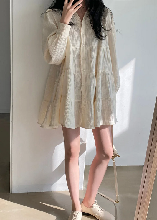 Women's Beige Oversized Pleated Linen Shirt Dress