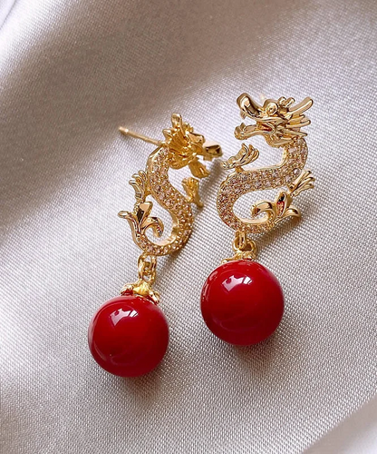 Elegant Red Copper Alloy Zirconia Golden Dragon Dangle Earrings