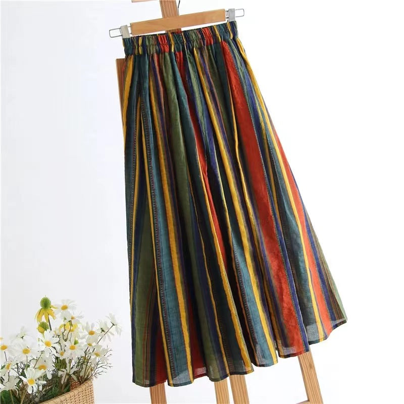 Colorblocked Striped Vacation Cotton A-Line Skirt